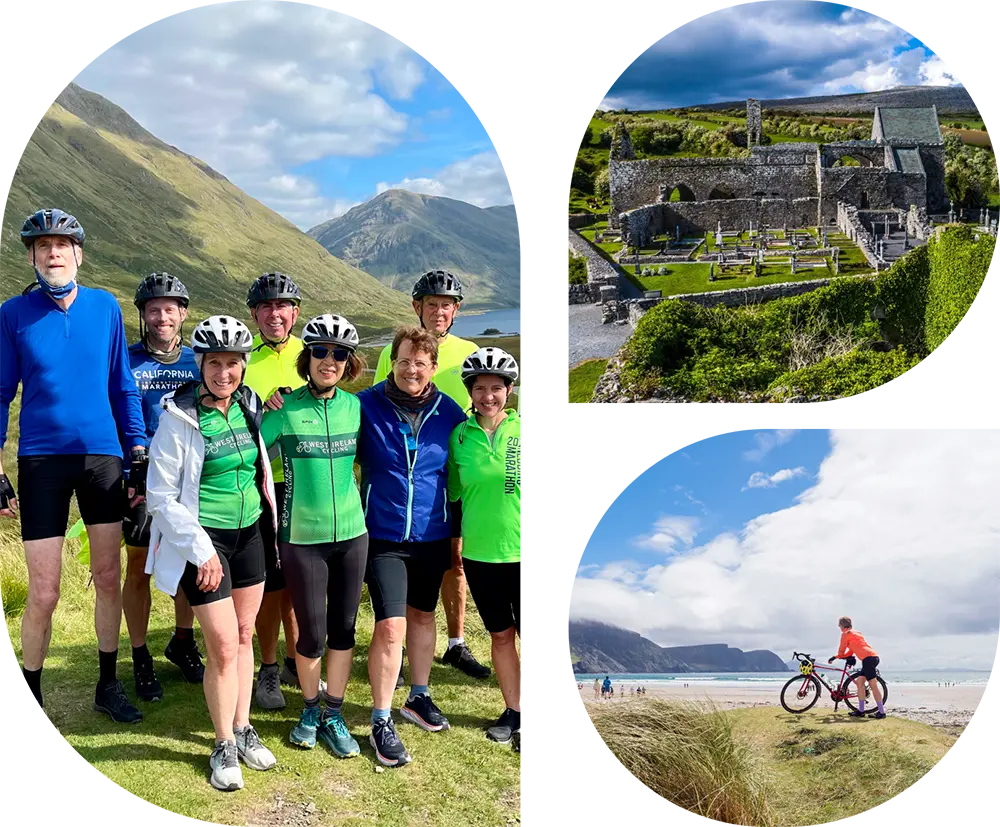collage of three images showing a group of cycliest, a cyclist at a beach and Corcomroe Abbey, The Burren, Co Clare