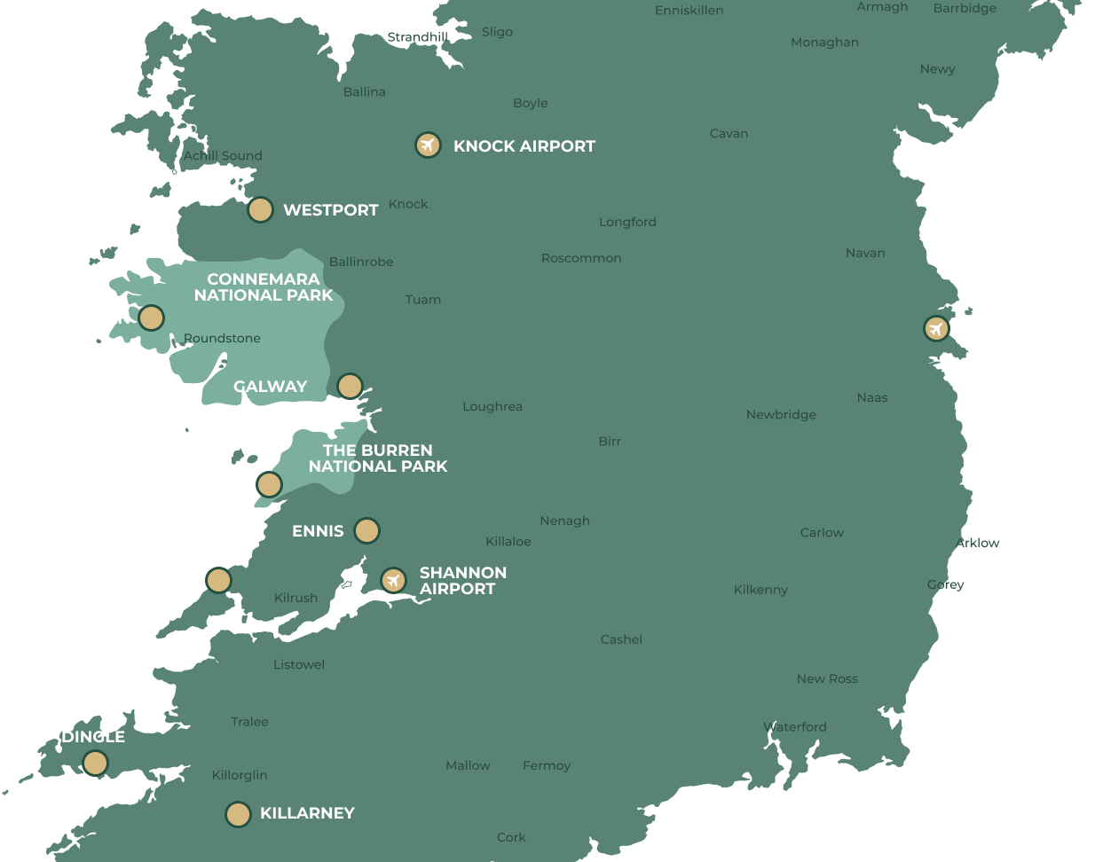Ireland map showing tour destinations
