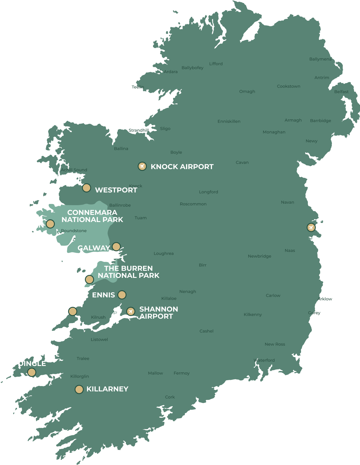 Ireland map showing tour destinations